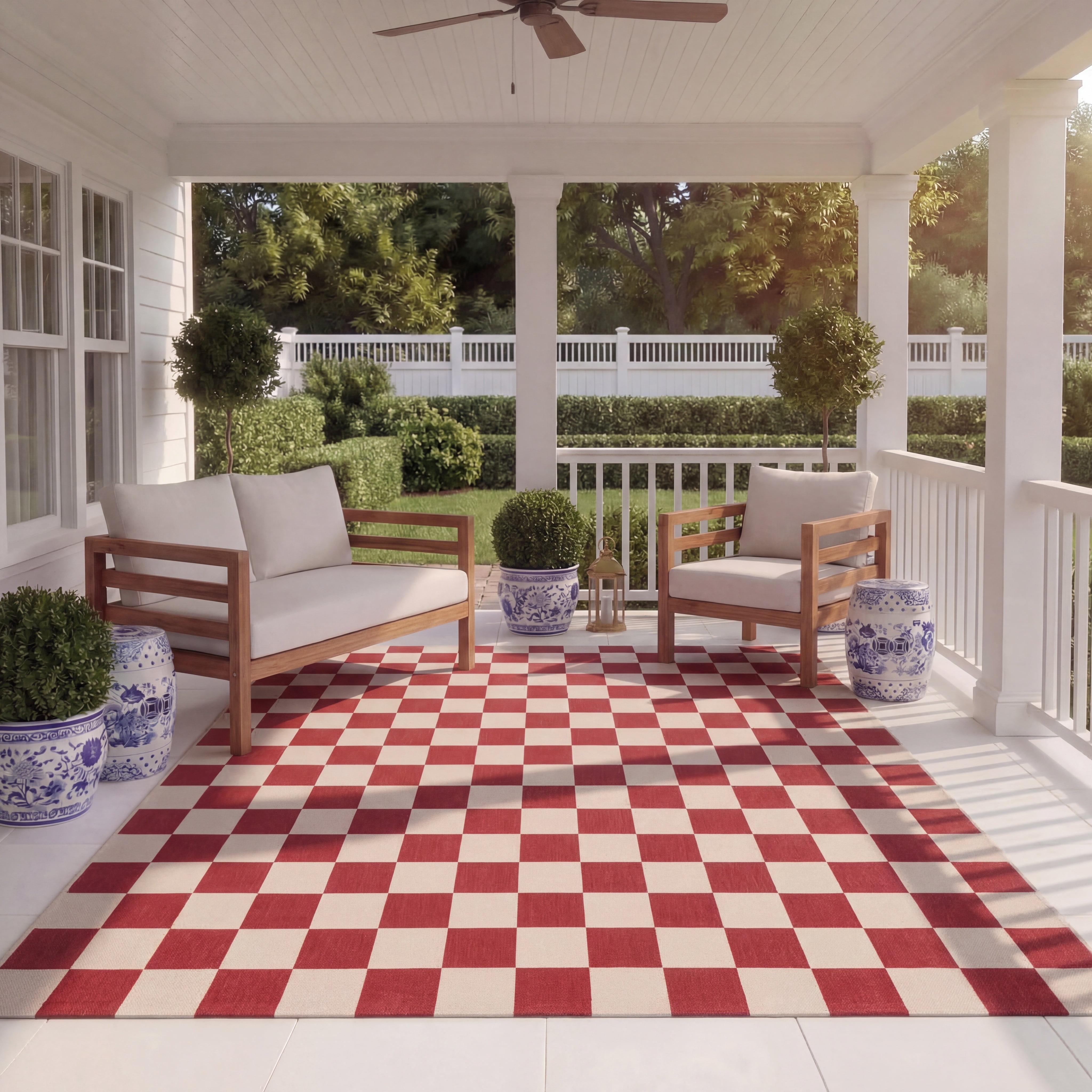 SAFAVIEH Courtyard Talbot Checkered Indoor/Outdoor Area Rug, Red/Beige, 8' x 10'