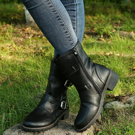 

Holiday Savings 2022! Rourlinge Women Boots Winter Buckle Strap Chunky Heels Slip On Retro Ladies Footwear Shoes Black 38