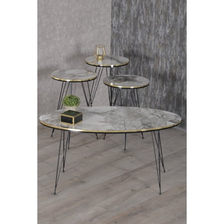 White Marble Oval Coffee Table Set with 4 PCS,Set With 3 Modern Round Nesting Tables And Coffee Table with Black 3-Rod Metal Legs,Stacking Side Tables With Gold/Black Side Details,Set of 4 End Table