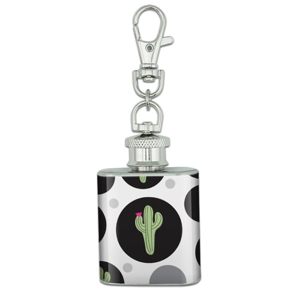 Cactus Succulent Desert Plant Flowering on Black Stainless Steel 1oz Mini Flask Key Chain