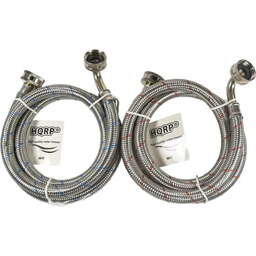 HQRP Premium Stainless Steel Washing Machine Hoses, 90 Degree Elbow, 4-ft Burst Proof, Red and Blue Striped (2-pack)