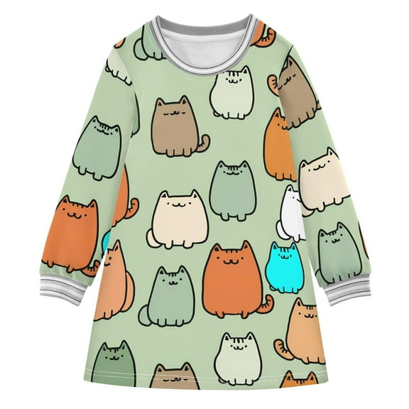 Girls' long-sleeved dress Cartoon Cat Girls' A-line dress with ribbed cuffs Soft and comfortable