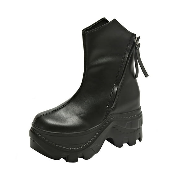 Black Ladies Everyday Boots Featuring Round Toe Design And Side Zipper Closure Chunky Heel Ideal For Casual Wear