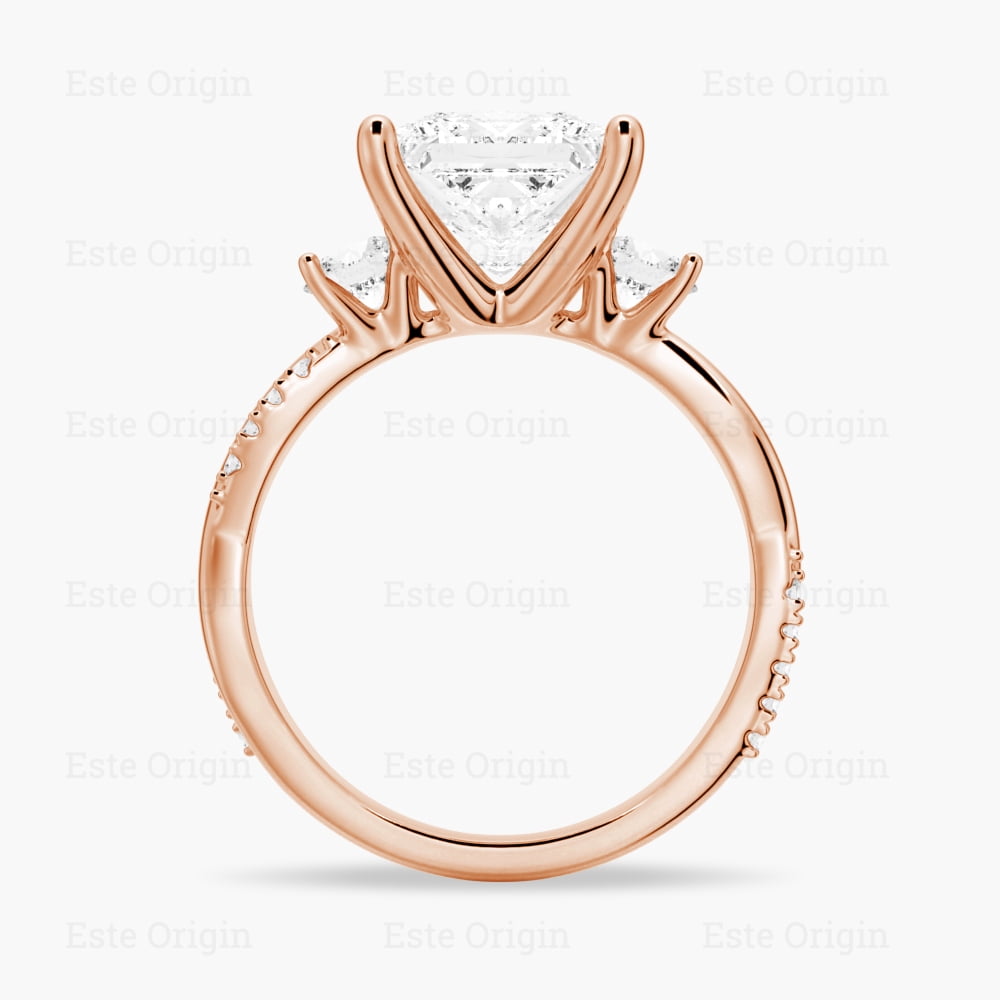 ESTE ORIGIN 2.00Ct Lab-Grown Princess Cut Diamond Three-Stone Ring – IGI Certified, Pavé Band in 18K Rose Gold for Women