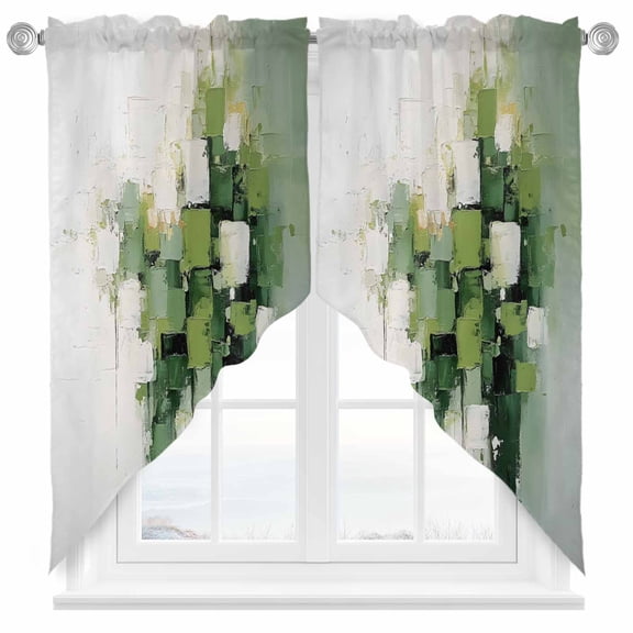 Abstract Watercolor Swag Curtain Valance for Windows, Green Black Ornamental Theme Window Treatments Short Swag Topper for Kitchen Windows Bathroom Bedroom, 36"x63"