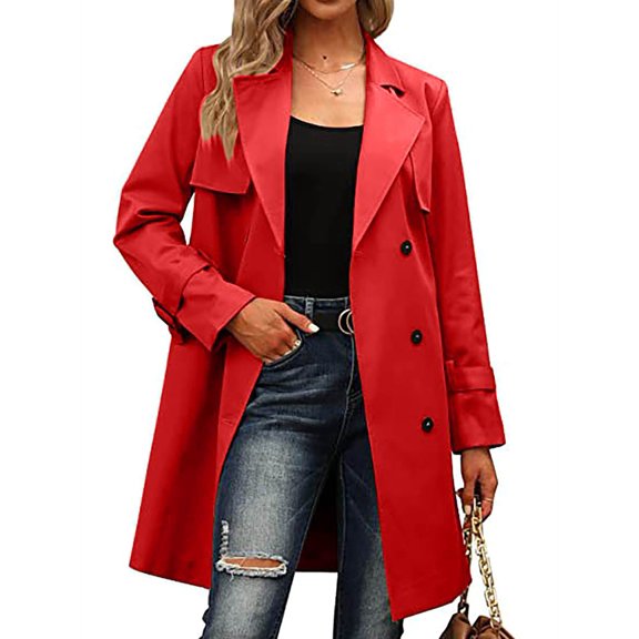 Women'S Double Breasted Long Sleeves Long Trench Coat Windproof Classic Lapel Slim Overcoat with Belt Red XL