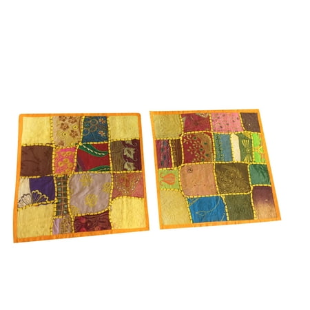 Embroidered Chair Pads Mogul Indian Yellow Cushion Cover Ethnic Embroidered Vintage Cotton Patchwork Handmade Sofa Cushion Cover Decorative Pillowslip Pillow Protector Cover 16 x 16 ()