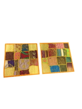 Mogul Indian Yellow Cushion Cover Ethnic Embroidered Vintage Cotton Patchwork Handmade Sofa Cushion Cover Decorative Pillowslip Pillow Protector Cover 16 x 16