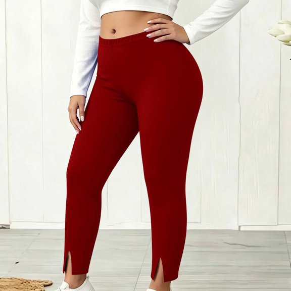 BRELIL Women's Plus Size High Waisted Stretch Ankle Pants Casual Solid Leggings Trousers Loose Fit Comfortable Yoga Lounge Pants Fall Winter Outfits, Red 4XL