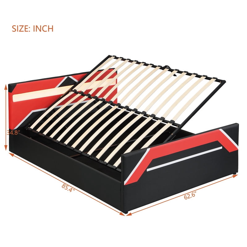 Queen Size Cyberpunk Style Low Profile Bed with LED Lighting Headboard, Hydraulic Storage Platform Bed Frame for Kids/Teens/Adults