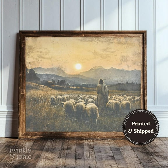 Good Shepherd Art Print Christian Wall Dã©Cor Vintage Jesus Poster Rustic Farmhouse Landscape Print UNFRAMED Poster, Wall Art for Decor, Present, 8x12