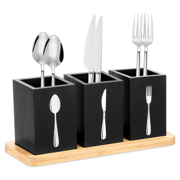 Tzdxfgl Wood Utensil Holder for Kitchen Counter, 3 Compartments Silverware Organizer Caddy, Black