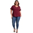 thumbnail image 2 of GRACE & GRANDEUR Blusas de mujer en talla grande, top casual elegante de cuello en V, blusas de manga corta con bordado de ojales en color burdeos 1X, 2 of 7