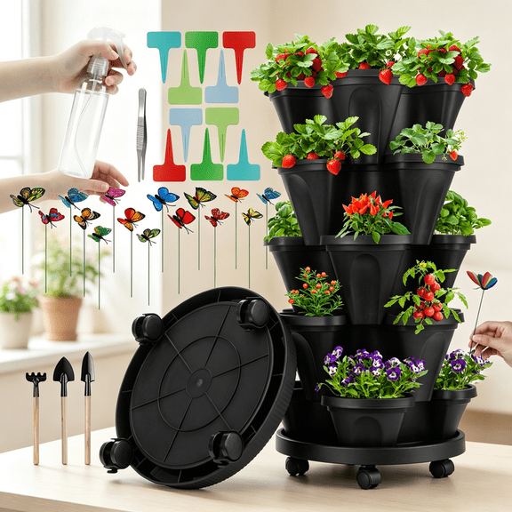 StarQualityBargain 5 Tier Stackable Vertical Garden Planter Tower with Wheels and tools, Black Indoor Outdoor Herb Strawberry and Vegetable Planter