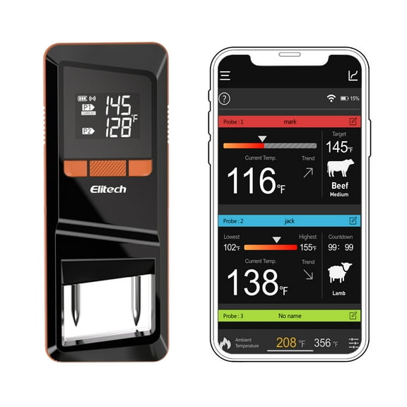 Elitech Digital BBQ Thermometer, Bluetooth Wireless Meat Thermometer for Grilling and Smoking, 2 Probes for Grill, Oven, Smoker, Rotisserie, WMT-20
