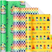 Birthday Wrapping Paper Roll - Mini Roll - Happy Birthday Dog Cake/Hat/Rainbow Plaid for Men, Boy, Brother, Father Gift Wrapping - 17 x 120 inches, 3 Rolls (42.5 sq.ft.ttl.)