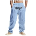 thumbnail image 2 of Pantalones largos para hombre, holgados, informales, de lino, de color liso, con bolsillo bordado, cordón ajustable y cintura elástica, de poliéster., 2 of 9