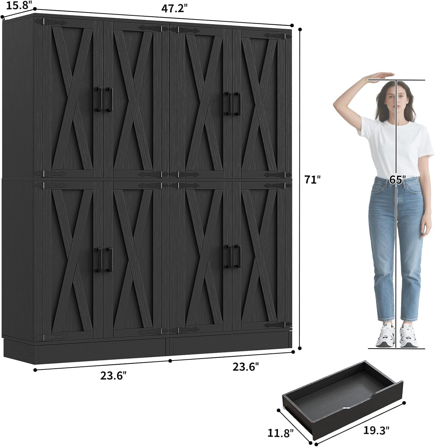 Homieasy 71'' Tall Farmhouse Pantry Cabinet 2 Piece Set, 6-Tier Pantry with Doors, Drawers & Adjustable Shelves, Black