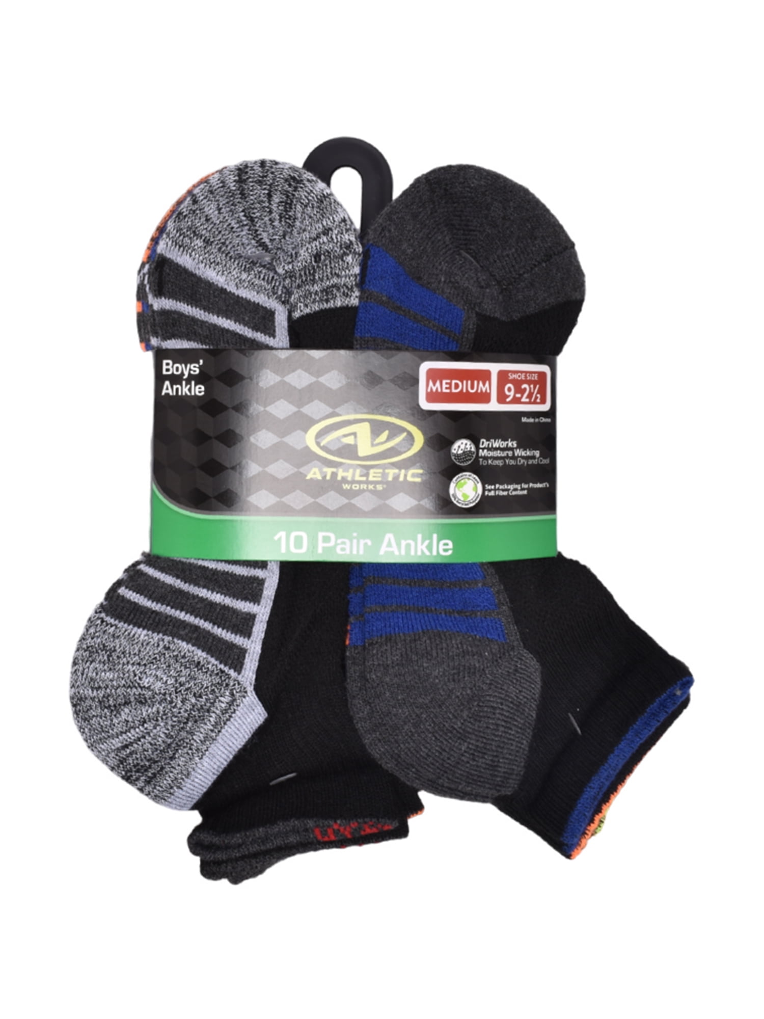 Athletic Works Boys Cushioned Ankle Socks, 10-Pack, Sizes S (4.5-8.5) - L (3-9)