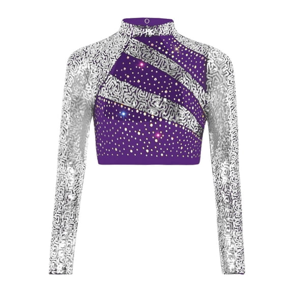 TTAO Kids Girls Jazz Hip Hop Ballet Dance Crop Tops Long Sleeve Rhinestone Color Block Gymnastics Shirts Dancewear Purple 6