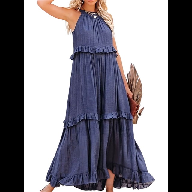 Vestido de Verano para Mujer, de Algodón, Sin Mangas, con Cuello Halter, Informal, Bohemio, Holgado, Azul Marino XL