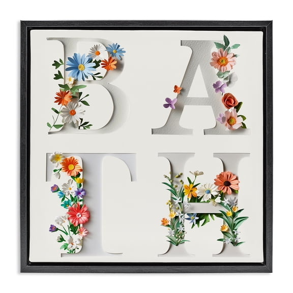 Stupell Industries Floral Bath Typography Floral Painting Black Floater Framed Canvas Art Print Wall Art, 18 x 18