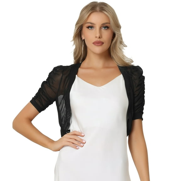 Unique Bargains Women's Open Front Short Sleeve Mesh Sheer Shrug Cropped Cardiga Bolero XS Black