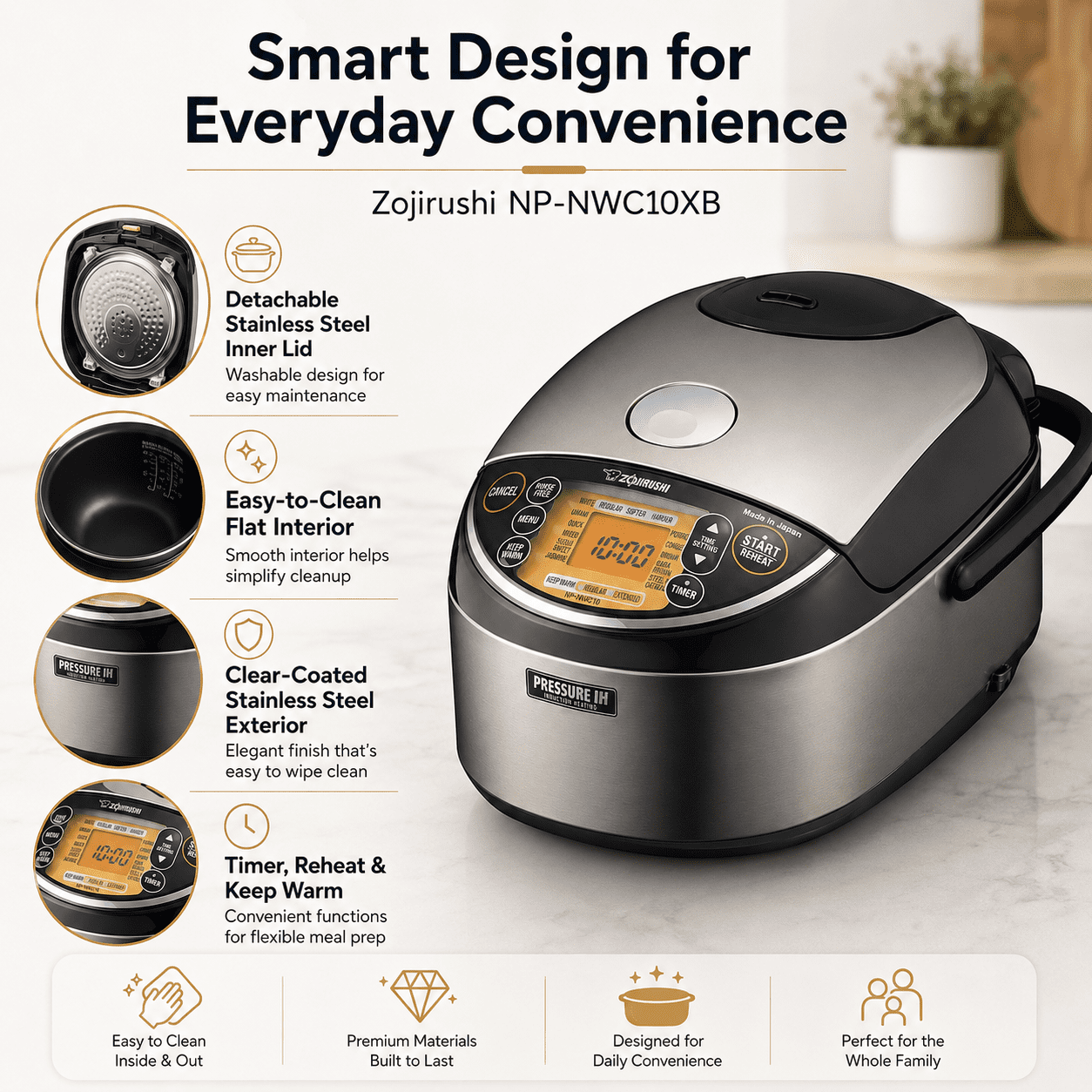 Zojirushi NP-NWC10XB Pressure Induction Heating Rice Cooker w/ Accessory Bundle