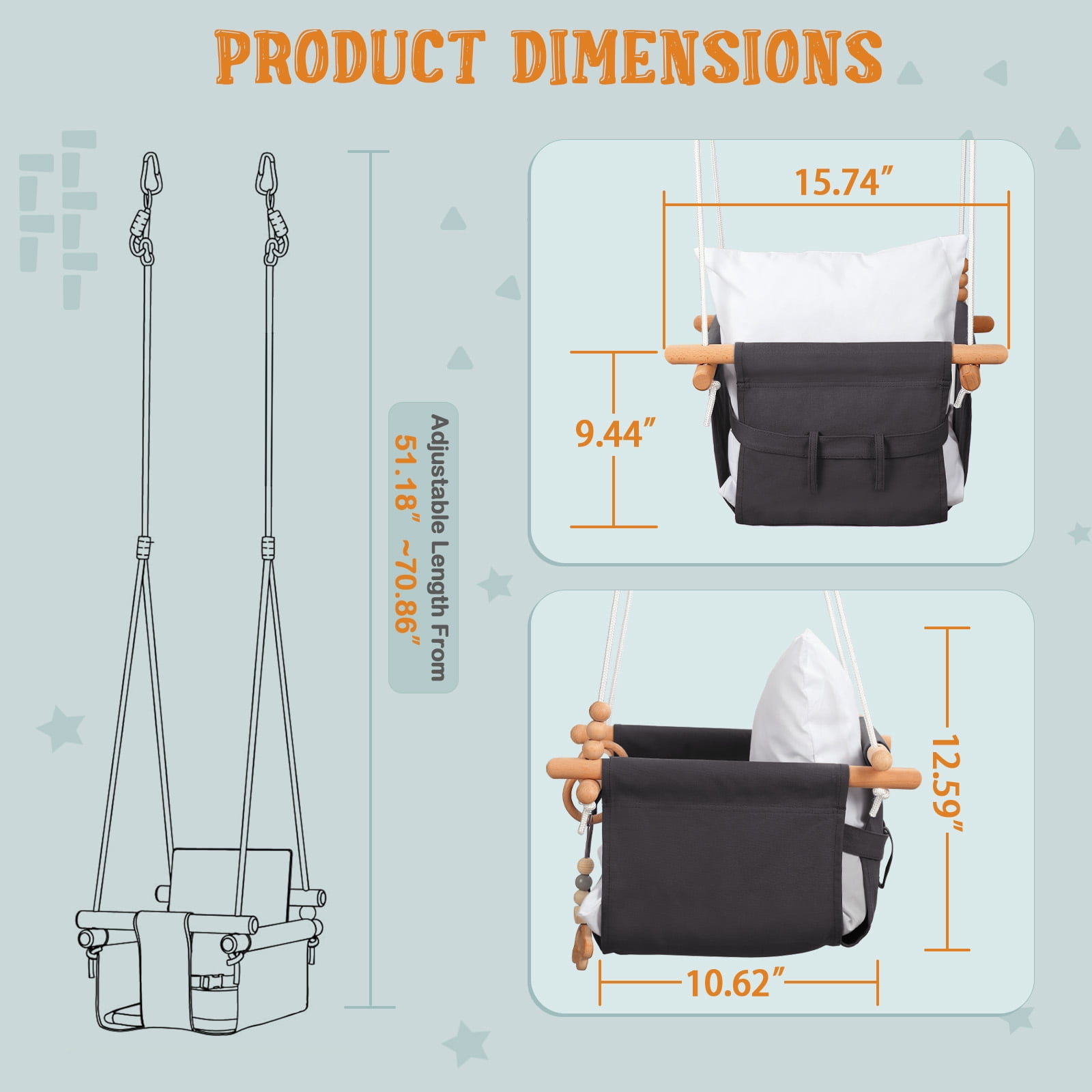 G TALECO GEAR Canvas Toddler Swing, Wooden Baby Swing Seat Chair with Safety Belt, Durable Hanging Swing Chair, Outdoor and Indoor Swing for Kids, Mounting Hardware Included, Gray