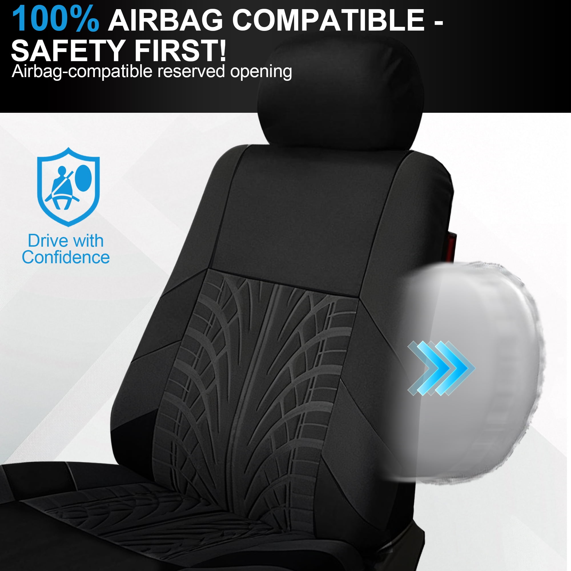 FLORAY 9-Piece Car Seat Covers Full Set - Airbag Safe, Thickened Quilted Cloth, Machine Washable - Universal Fit for Cars, SUVs & Trucks (Solid Rear Bench), Black