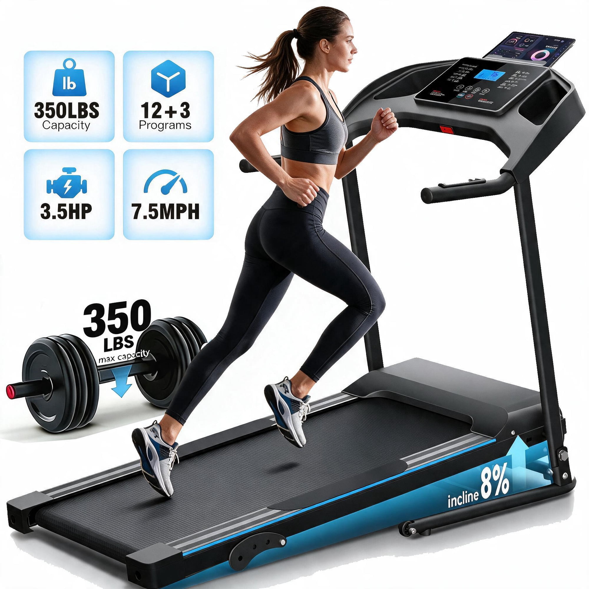 Simpfree Folding Electric Treadmill with 3.5HP, 350lb Weight Capacity, 3-Level Incline & Smart LCD Display, Portable Running Machine for Home Office Gym