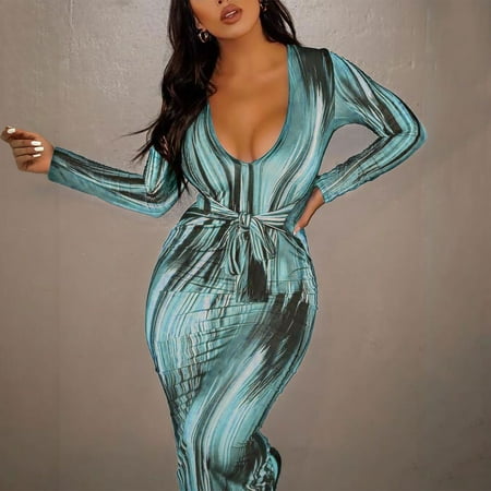

Wyongtao Cozy Women s Long Sleeve Mind of My Own Maxi Dress Visually Thin Strapped Long Dress Fashion Bag Hip Stripe Graphic Dress