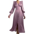 thumbnail image 3 of IROINNID Reduced Semi Formal Dress for Women Long Sleeve Empire Dress Solid Color Satin Soft Waist And Dress Satin V-Neck Slim Button Lantern Sleeve Dress,Purple, 3 of 6