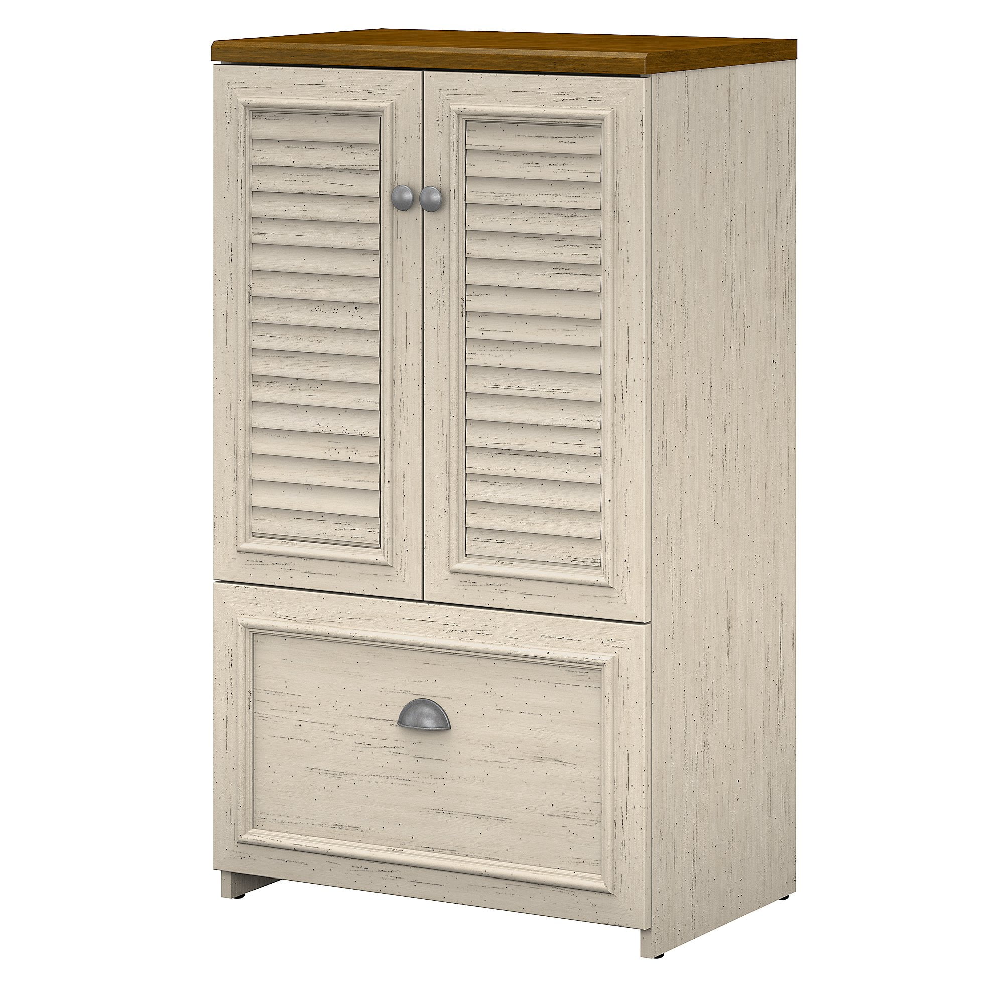 Bush Furniture Fairview Storage Cabinet with Drawer in Antique White and Tea Maple
