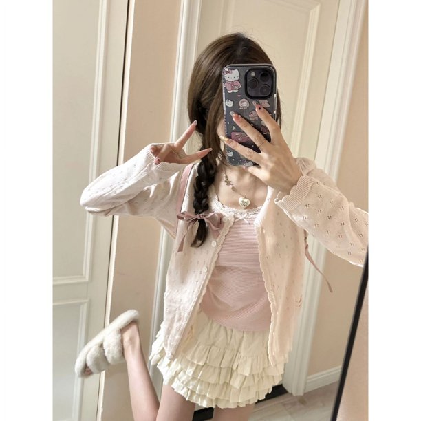 Cárdigan de mujer con bolsillos y botones, dulce, ajustado, ahuecado, primavera, temperamento tierno, estilo coreano, manga larga, moda Y2k, estética de hadas