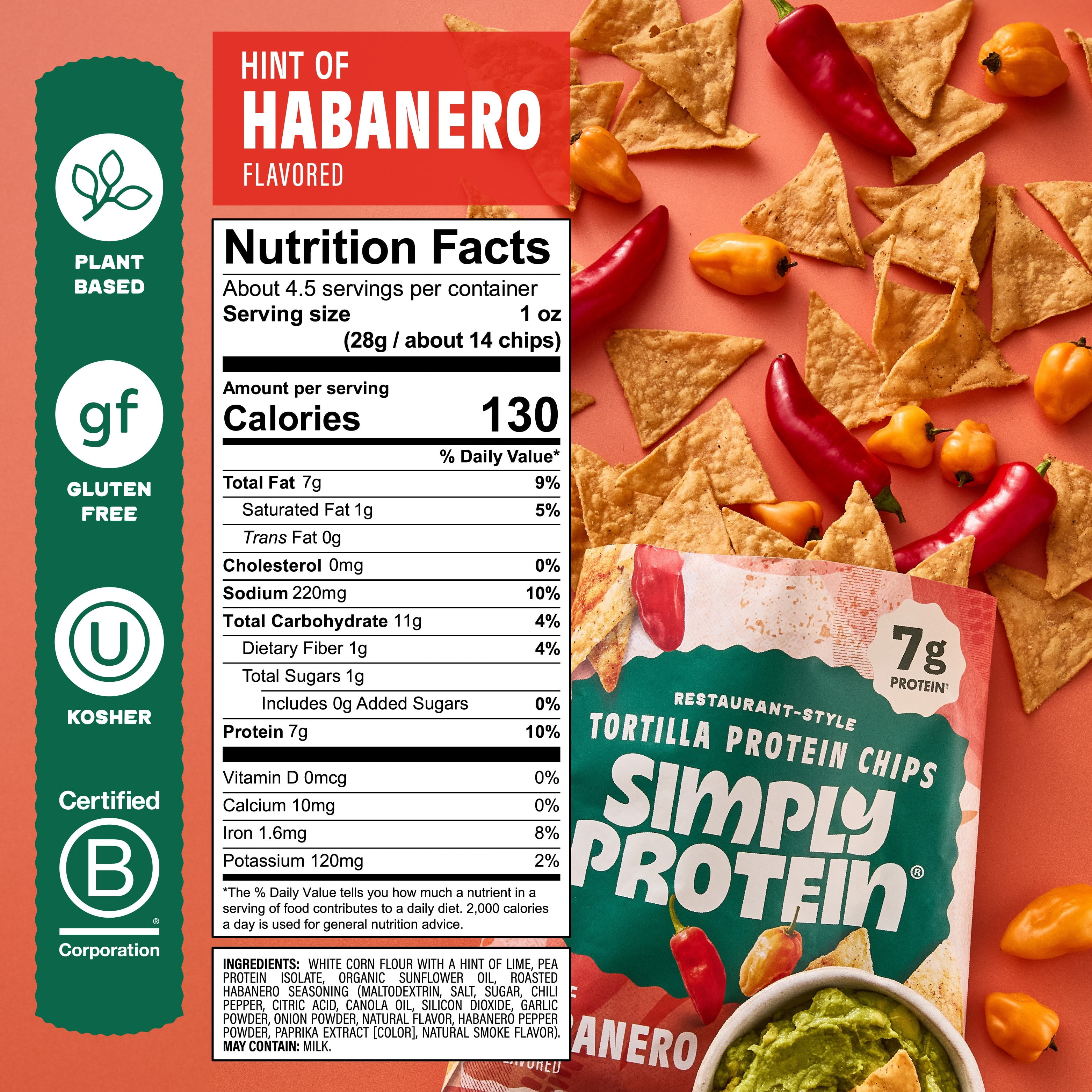 Simply Protein Tortilla Style Protein Chips, Hint of Habanero, 7g Protein, Gluten Free, 10-pack, 4.58 oz per Bag