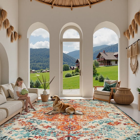 Wonnitar 9'x12' Area Rug for Living Room Boho Large Washable Rug for Bedroom Aesthetic Vintage Soft Non-Slip Non-Shedding Printed Indoor Carpet for Dining Room Nursery Kids Playroom, Orange