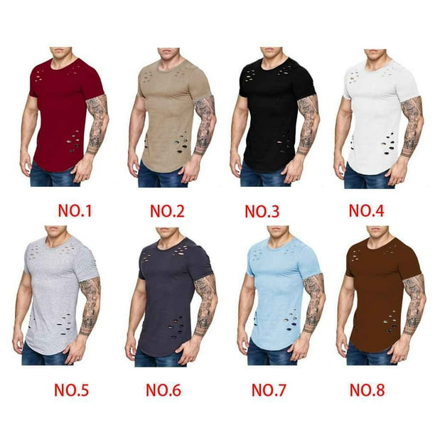 Qarigey Hombres Rasgados Color Sólido Ajuste Suelto Crew Fit Crew Cuello Camisetas Casual Ahueca Hacia Fuera Curvado Manga Corta Top Camisetas gris 3XL