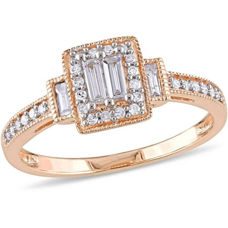 Miabella 1/3 Carat T.W. Parallel Baguette and Round-Cut Diamond 10kt Rose Gold Halo Engagement Ring