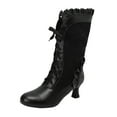 thumbnail image 6 of Victorian Boots for Women Vintage Ruffles Goth Mid Calf Booties Mid Heels Lace up Halloween Witch Dance Shoes, 6 of 7