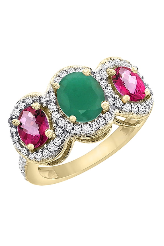 14K Yellow Gold Natural Emerald & Pink Topaz 3-Stone Ring Oval Diamond Accent, size 9