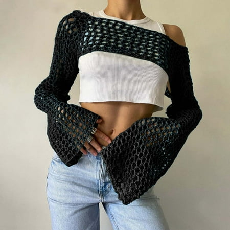 Daznico Womens Swimsuits Tummy Control Seductive Round Neck Solid Color Hollow Out Knit Sweater Long Sleeve Cover Up Top for Wome Womens Bikini Swimsuits(Color:Black Size:XS)