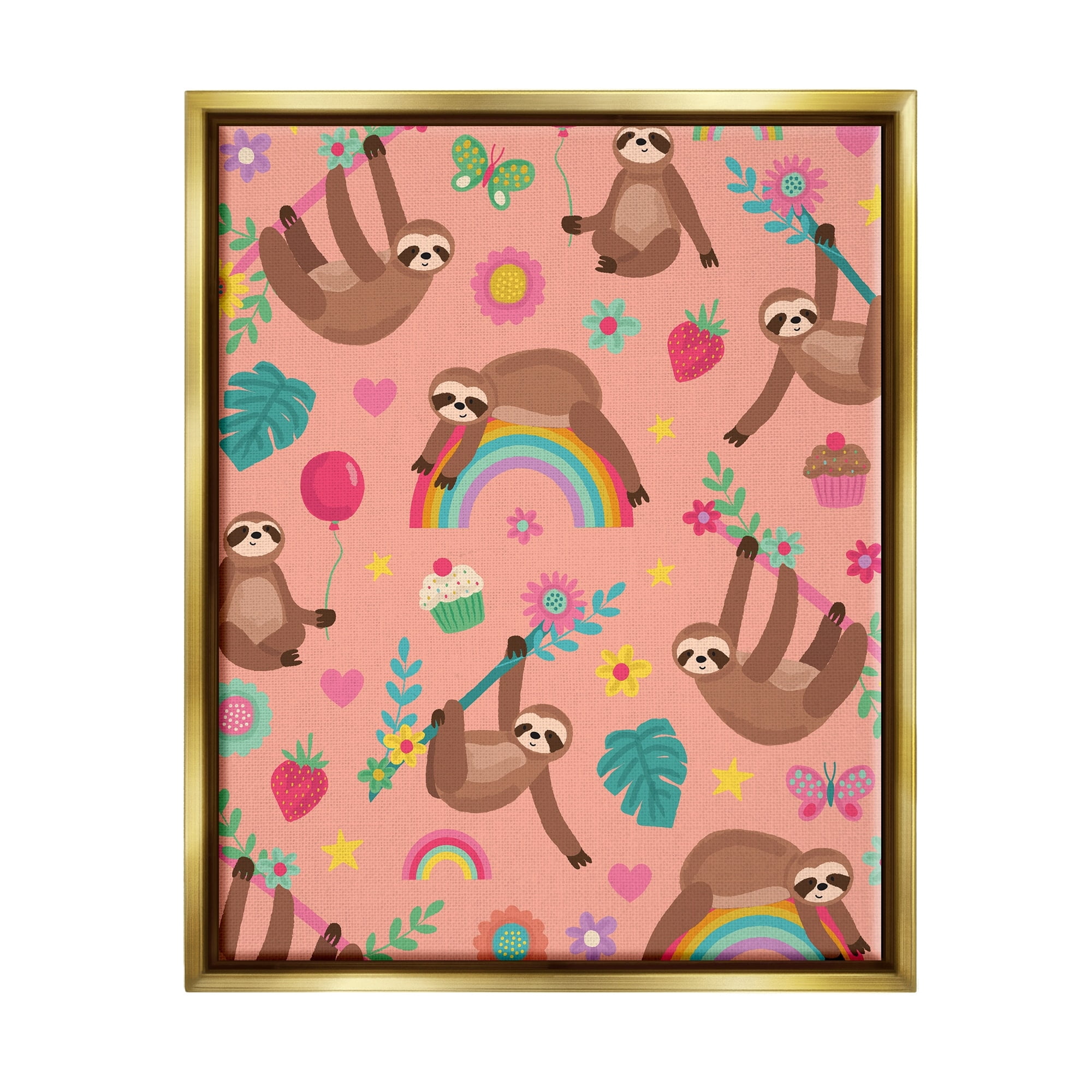 Stupell Industries Sloths Climbing Botanical Branches Whimsical Floral Pattern Graphic Art Metallic Gold Floating Framed Canvas Print Wall Art, Design by Lisa Perry Whitebutton