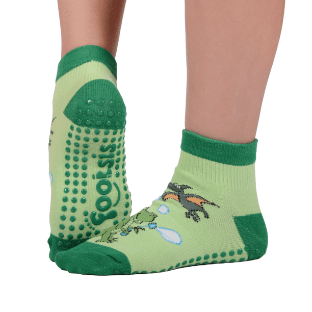 Footsis Non Slip Grip Socks for Yoga, Pilates, Barre, Home, Hospital ,Mommy  and Me classes Dinosaur 