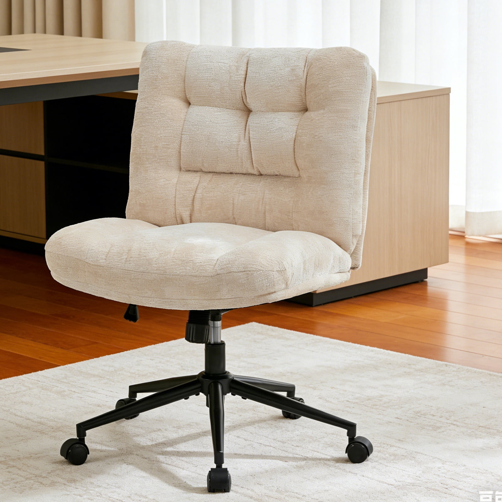 Soft Chenille Cross-Legged Office Chair,Wide Seat Armless Desk Chair with Double Cushion, Swivel Adjustable Vanity Chair for Bedroom, Home Office, White,EliteEdge