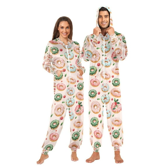 Adult Christmas Onesie Christmas Donuts Adult Zipper One-Piece Pajamas Unisex Pajamas with Pockets