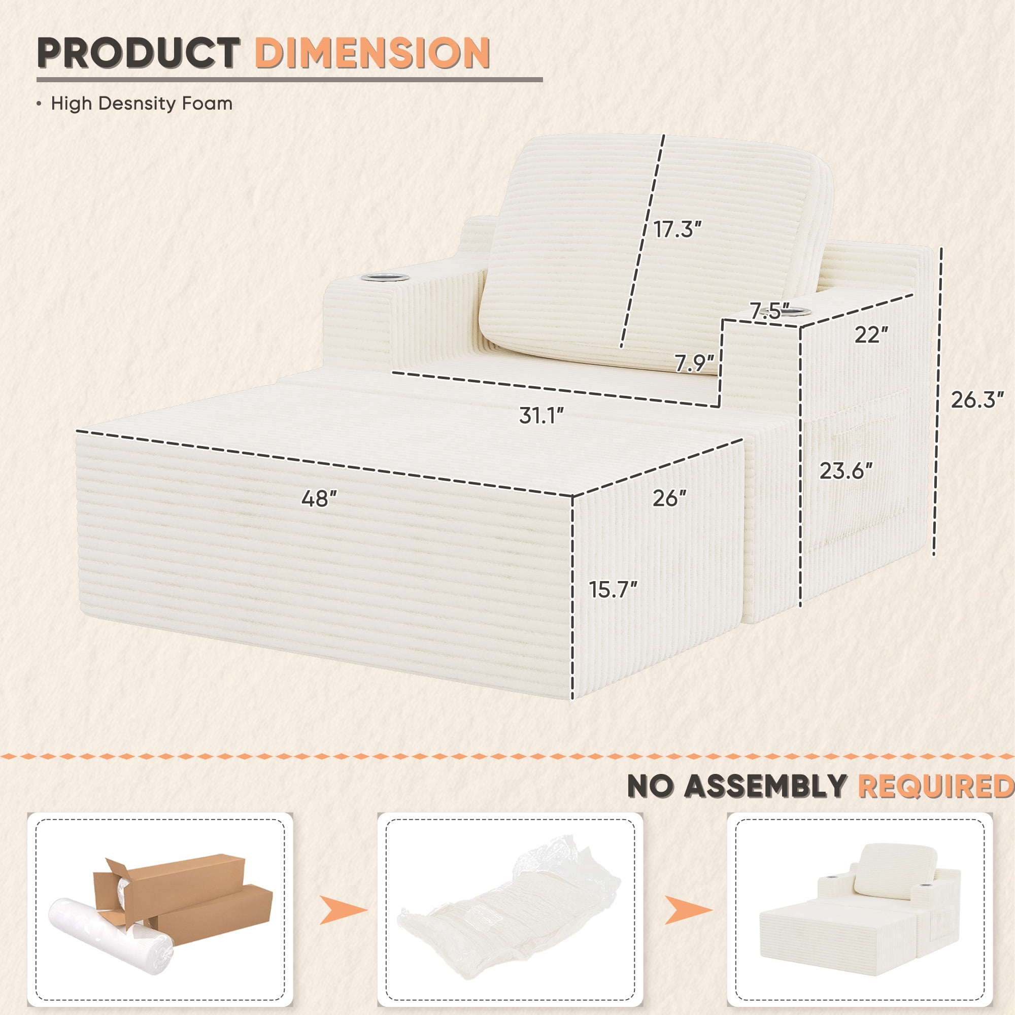 Homall Oversized Boneless Sofa Chair Deep Seat Sleeper Sofa Chaise Lounge Chair Indoor for living room,White