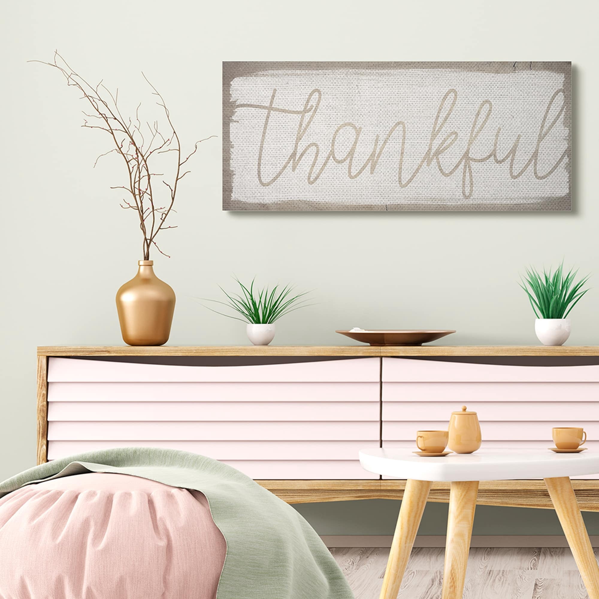 Stupell Industries Playful Thankful Text Distressed Paint Pattern Typography Painting Gallery Wrapped Canvas Art Print Wall Art, 17 x 40