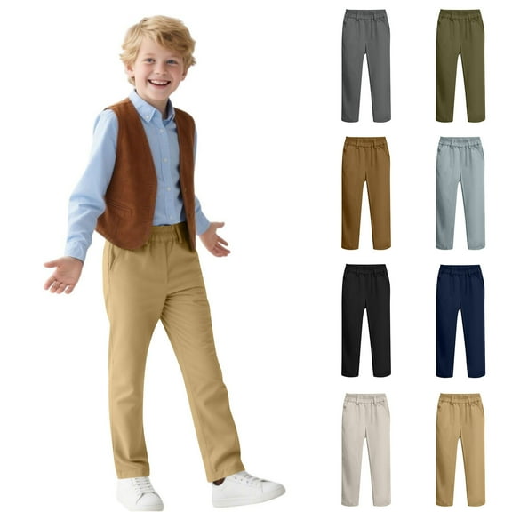 AIEOTT Boys' School Uniform Flat Front Twill Pants Adjustable Waist Stretch Straight Fit Chino Pant Kids Pull On Khaki Pants, for 5-14 Years