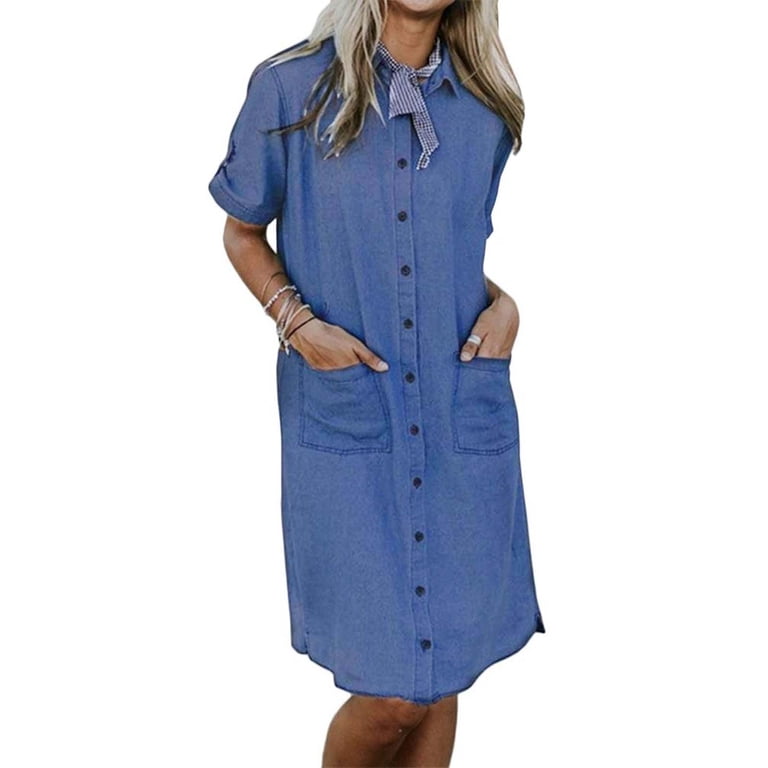 chinese dress ladies Plus Size Autumn V-Neck Long Sleeve Denim Dress for Women